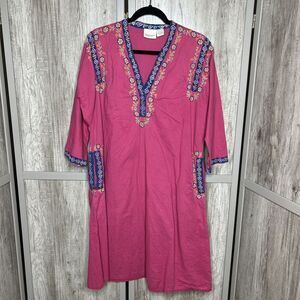 The Vermont Country Store Dress Kaftan Pink Embroidered Pockets‎ Size L